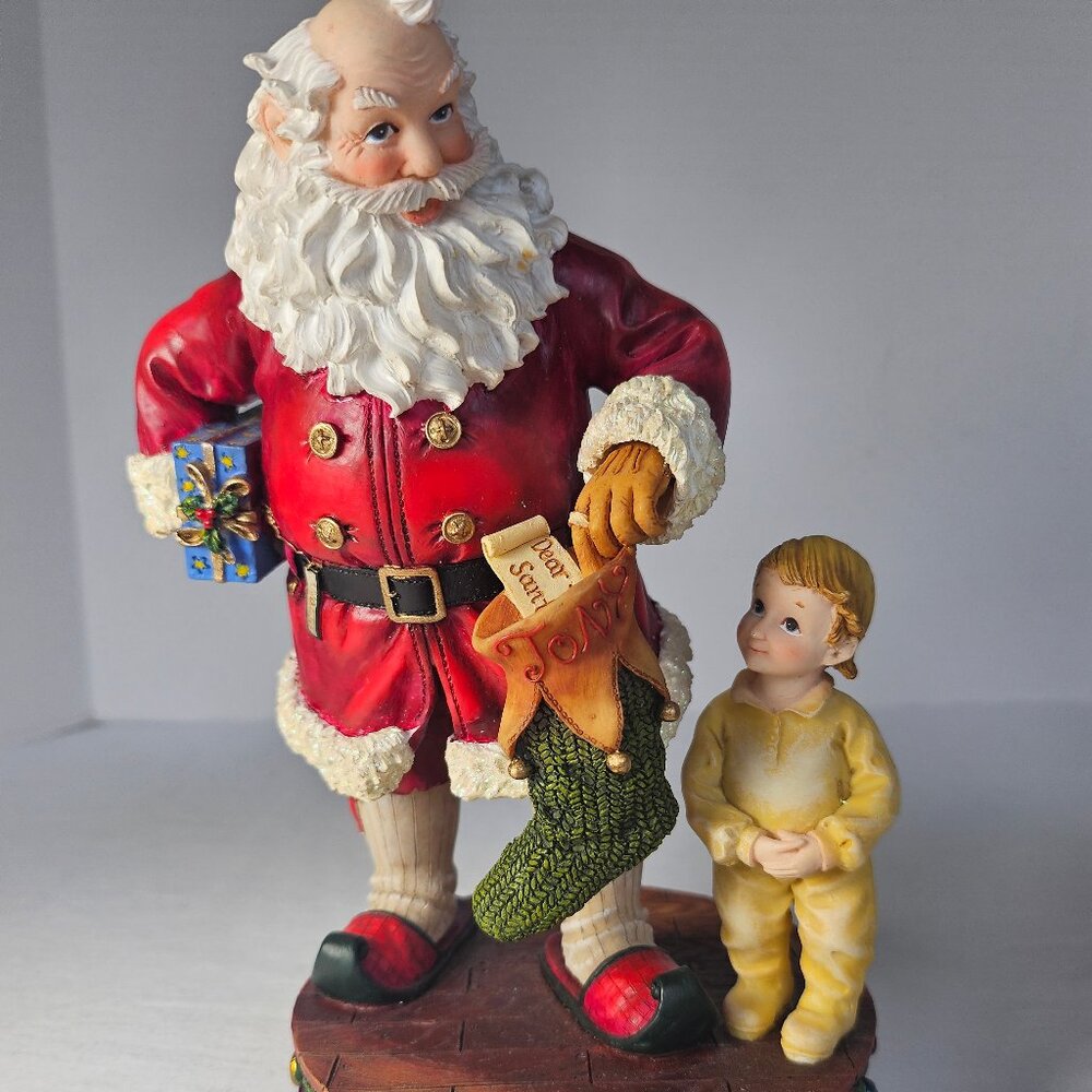 SPAN Vintage Resin musical Santa Claus Figurine With Stocking And Small Boy